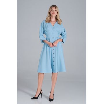 Rochie midi  albastra - cu maneci 3/4 - cu nasturi - din poliester