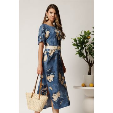 Rochie midi albastra din tencel cu imprimeu bej si curea in taliea