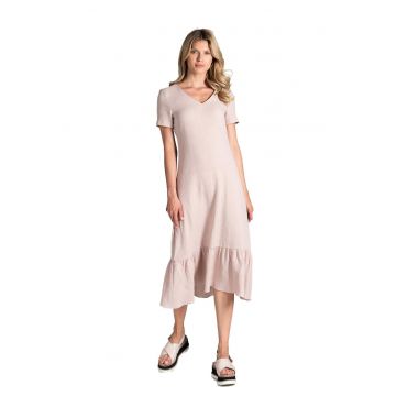 Rochie midi  bej - din bumbac - cu volane - maneci scurte - pentru vara