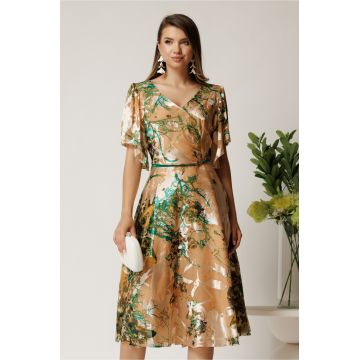 Rochie midi bej din matase in clos cu imprimeuri verzi