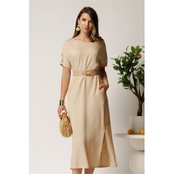 Rochie midi bej din tencel croi drept si curea in talie