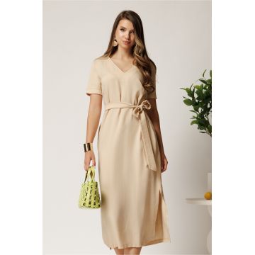 Rochie midi bej din tencel cu croi drept si cordon in talie