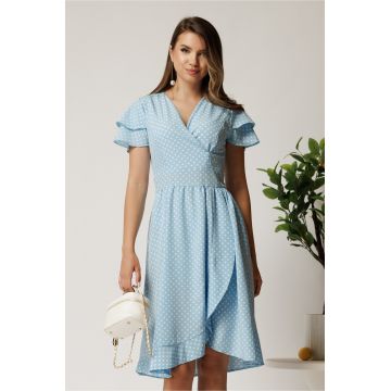 Rochie midi bleu cu buline din triplu voal in clos cu volane la maneci