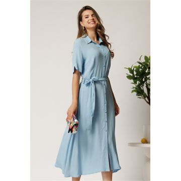Rochie midi bleu din bumbac in clos cu cordon in talie