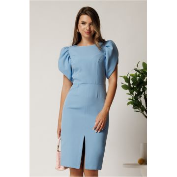 Rochie midi bleu din stofa cu croi conic si maneci tip lalea