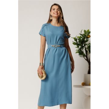 Rochie midi bleu din tencel cu croi evazat si curea in talie