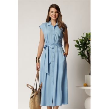 Rochie midi bleu din viscoza cu nasturi si cordon