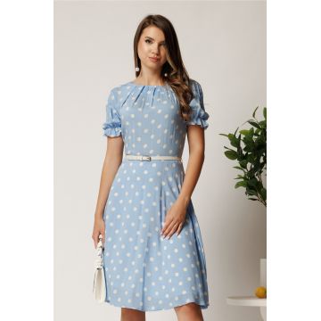 Rochie midi bleu din viscoza in clos cu buline si curea in talie