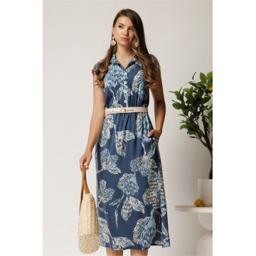 Rochie midi bleumarin cu imprimeu bleu din tencel cu elastic si curea in talie