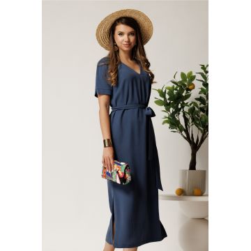 Rochie midi bleumarin din tencel cu croi drept si cordon in talie