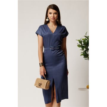 Rochie midi bleumarin din viscoza cu aspect sidefat si curea in talie