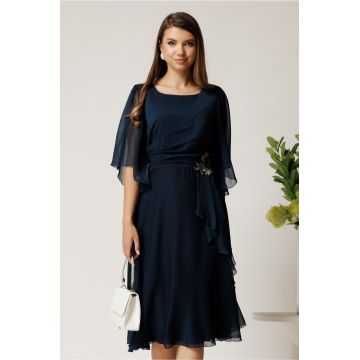 Rochie midi bleumarin din voal in clos cu broderie florala pe talie