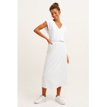 Rochie midi cu decolteu in V si banda elastica