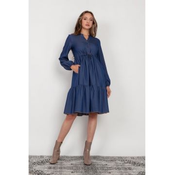 Rochie midi cu maneci lungi cu elastic si aspect de denim