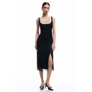 Rochie midi drapata cu slit lateral