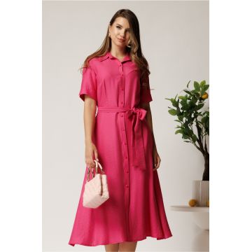 Rochie midi fucsia din bumbac in clos cu cordon in talie