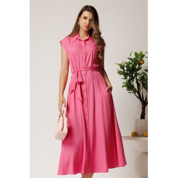 Rochie midi fucsia din viscoza cu nasturi si cordon