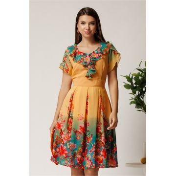 Rochie midi galbena si turcoaz in degradee din voal in clos cu imprimeu floral roz