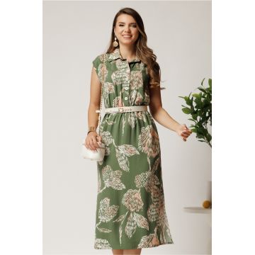 Rochie midi kaki cu imprimeu roz din tencel cu elastic si curea in talie