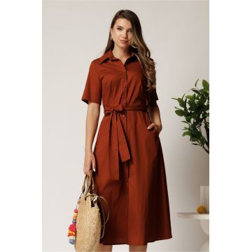Rochie midi maro din bumbac in clos cu cordon in talie