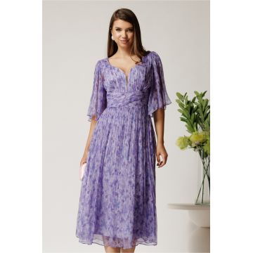 Rochie midi mov din matase naturala cu imprimeuri florale