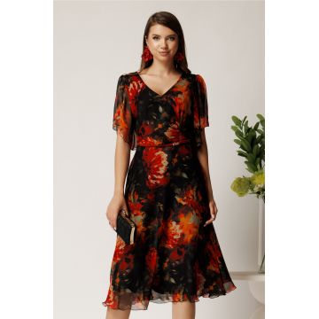 Rochie midi neagra din voal in clos cu imprimeuri maro