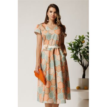 Rochie midi portocalie din bumbac in clos cu imprimeu geometric turcoaz si cordon in talie