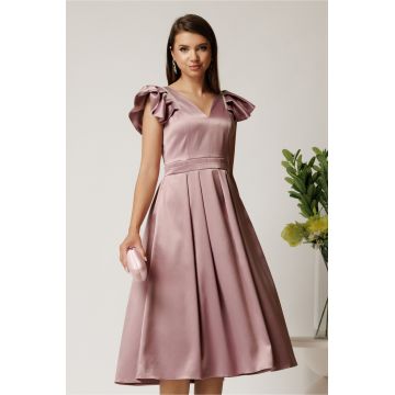 Rochie midi roz din tafta in clos cu perlute si volane la maneci