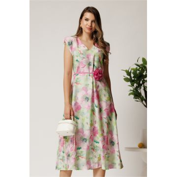 Rochie midi roz din viscoza cu imprimeuri verzi in clos cu floare in talie