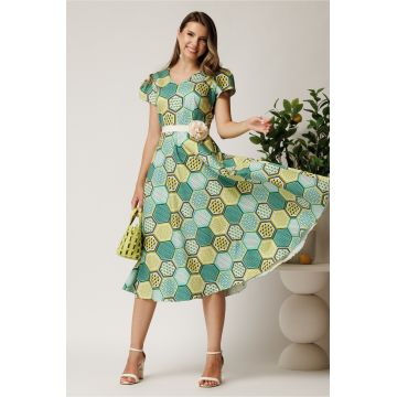 Rochie midi verde din bumbac in clos cu imprimeu geometric lime si cordon in talie