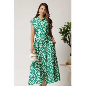 Rochie midi verde din viscoza cu imprimeu alb si cordon