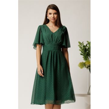 Rochie midi verde din voal cu picatele si insertii din fir lurex
