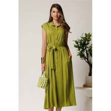Rochie midi verde lime din viscoza cu nasturi si cordon