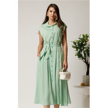 Rochie midi verde mint din viscoza cu nasturi si cordon
