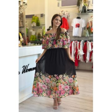 Rochie neagra din voal cu imprimeu flori multicolore
