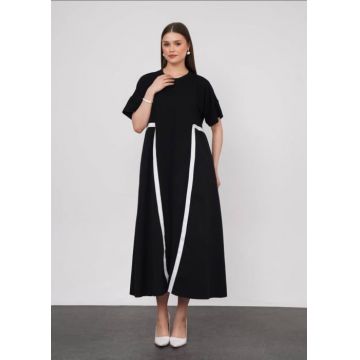 Rochie neagra doua materiale, din jerseu fin si poplin de bumbac cu detalii albe
