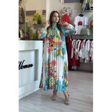 Rochie plisata alb cu turcoaz si imprimeu colorat