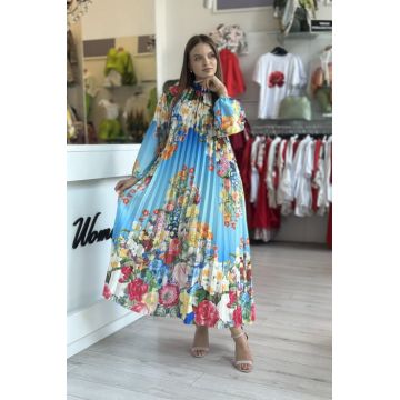 Rochie plisata bleu cu imprimeu flori multicolore