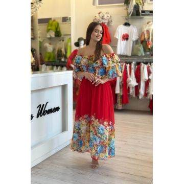 Rochie rosie din voal cu imprimeu flori multicolore