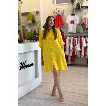 Rochie scurta galbena tip camasa din in