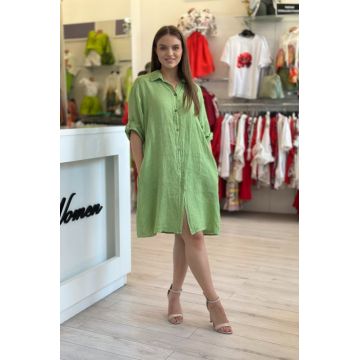 Rochie scurta verde tip camasa din in
