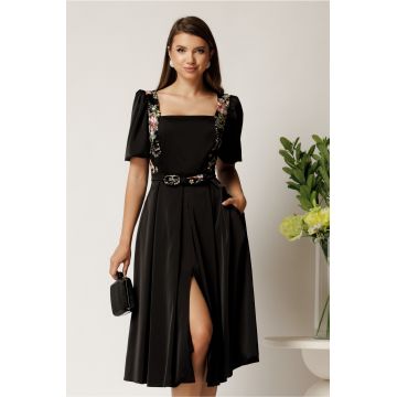 Rochie Valeria midi neagra din satin cu broderie florala si paiete la bust