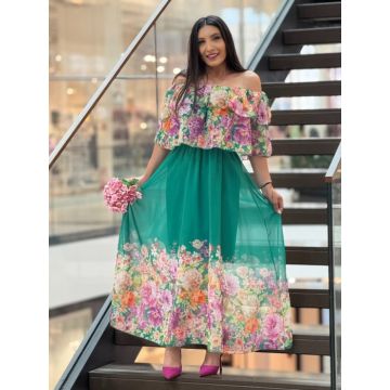 Rochie verde din voal cu imprimeu flori multicolore