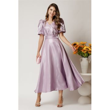 Rochie Belle midi lila din organza in clos cu decolteu petrecut