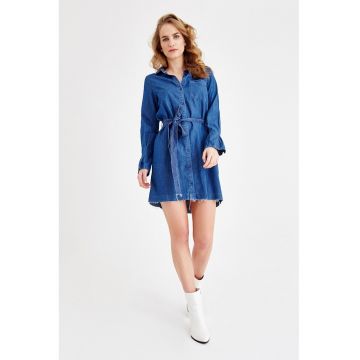 Rochie-camasa din denim cu cordon in talie