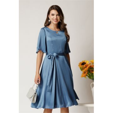 Rochie Celine midi albastra din voal satinat in clos cu cordon in talie