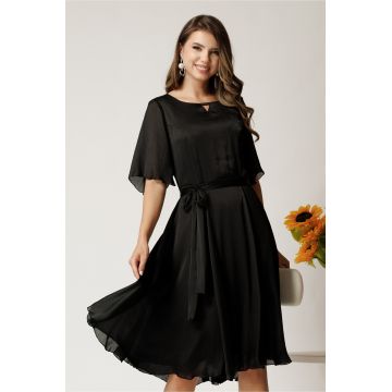 Rochie Celine midi neagra din voal satinat in clos cu cordon in talie