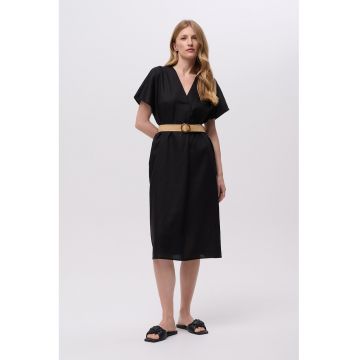 Rochie din amestec de in cu decolteu in V si curea in talie