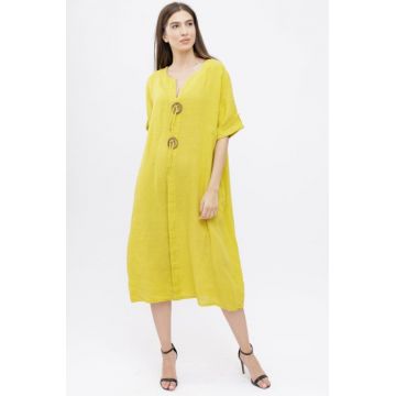 Rochie din in, cu doi nasturi decorativi pe piept, galbena