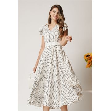 Rochie DY Fashion midi alba din stofa in clos cu buline si curea in talie